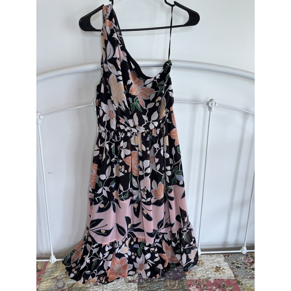Loft Black Pink Floral Formal One Shoulder A-Line Elastic Waist Dress Small